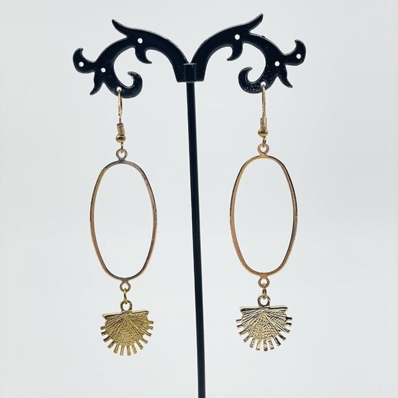 Oval Hoop Earrings Half Sun Charm Gold Tone Brown Glitter Bead Boho Festival - Picture 9 of 9